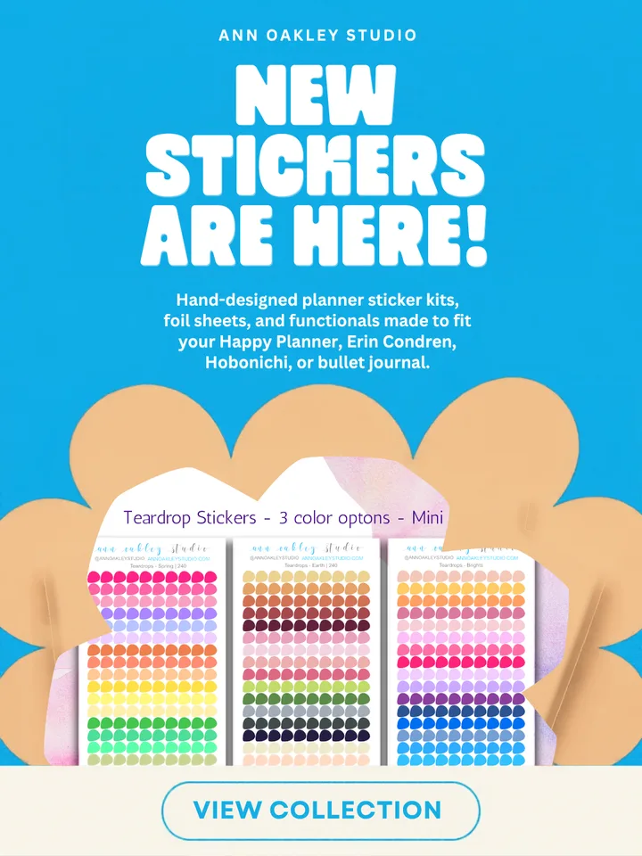 Social post for Ann Oakley Studio: New stickers are here, over a sky blue background with three sheets of colorful teardrop stickers on a peach flower shape and a View Collection button.