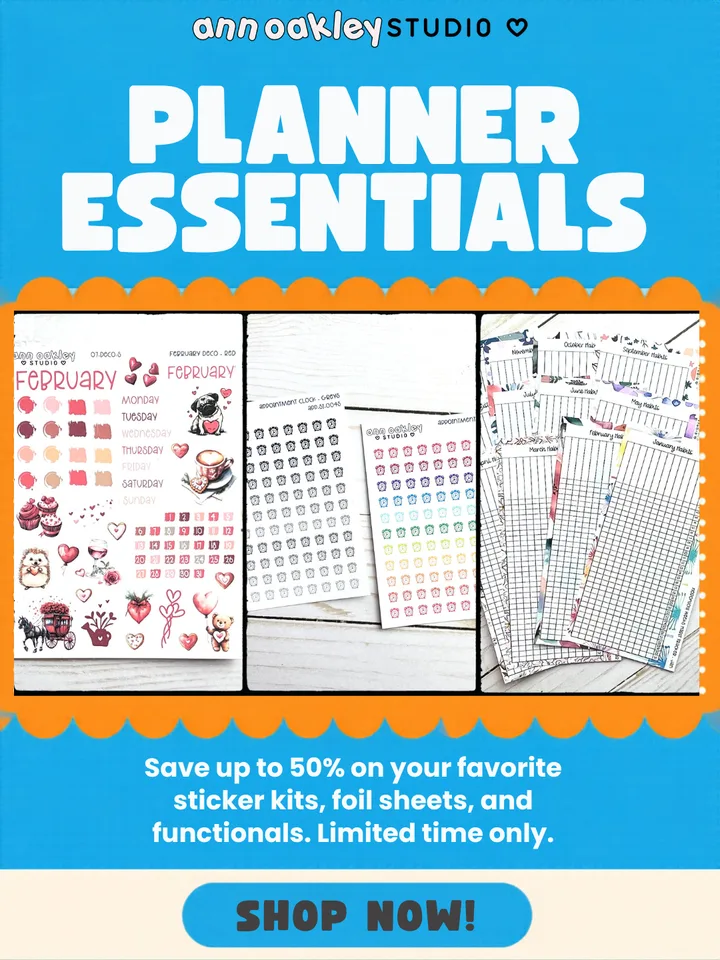 Social post for Ann Oakley Studio: Planner Essentials, with three photos of sticker sheets and planner inserts, a save up to 50 percent message, and a Shop Now button.