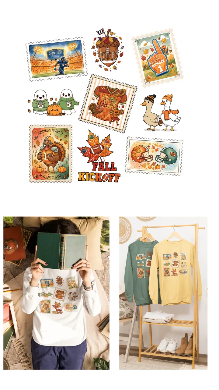 Fall Kickoff artwork of football-themed postage stamps, ghosts, and geese, shown flat and printed on a white, a green, and a yellow sweatshirt.