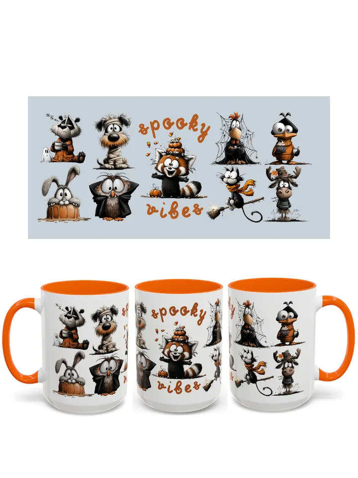 Spooky Vibes artwork of cartoon Halloween animals, shown flat and wrapped around three views of an orange-handled mug.